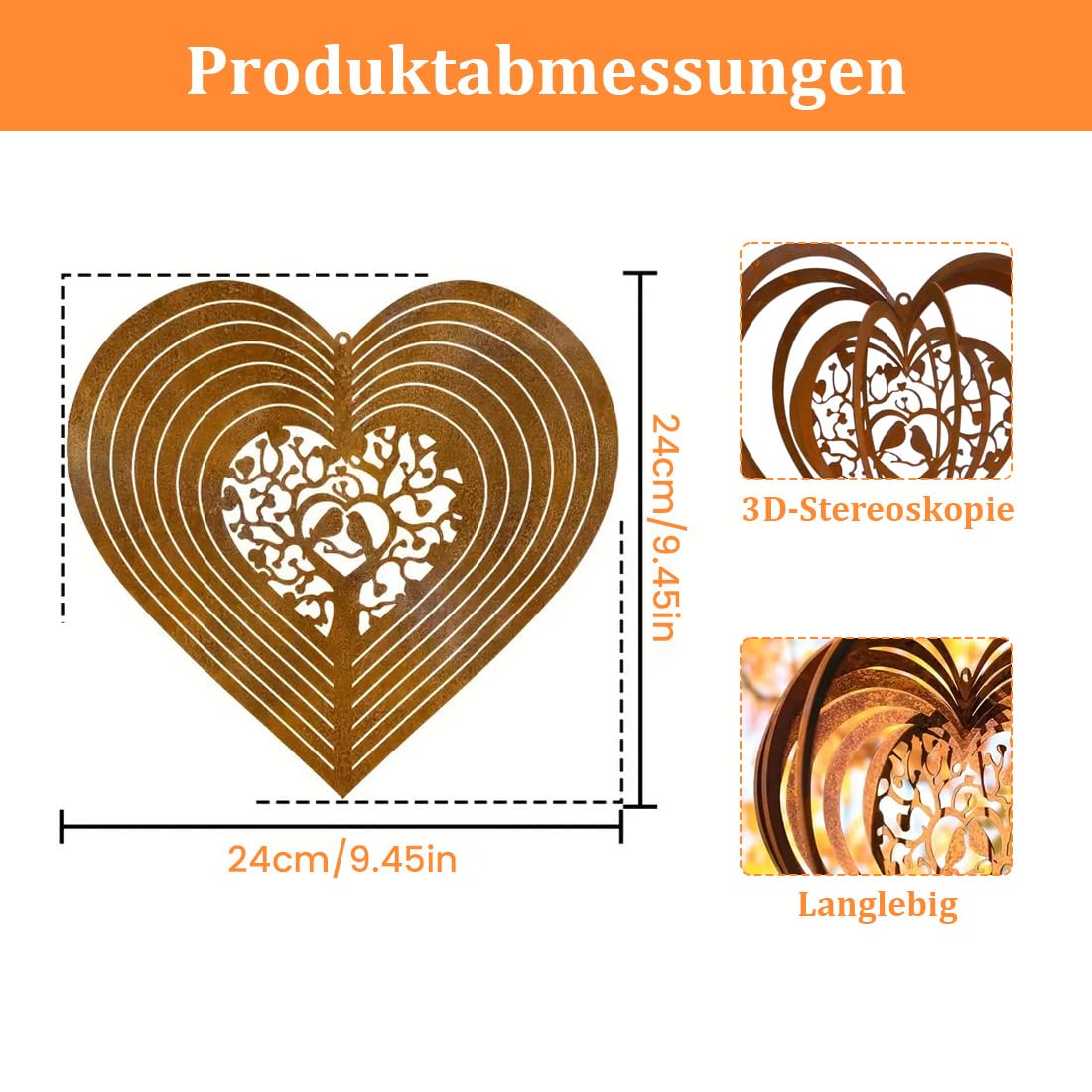 Windspiel Garten Rostoptik, 25CM Windspiel Herz für Draußen Hängend Metall, Wind-Spiel Herzen Metall für Garten und Balkon
