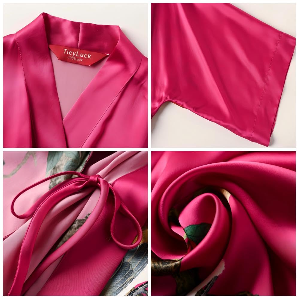 Image of Women's Silk Kimono Robe Short Bathrobe Nightgown 100% Mulberry Silk for Women - Classic Floral Pattern