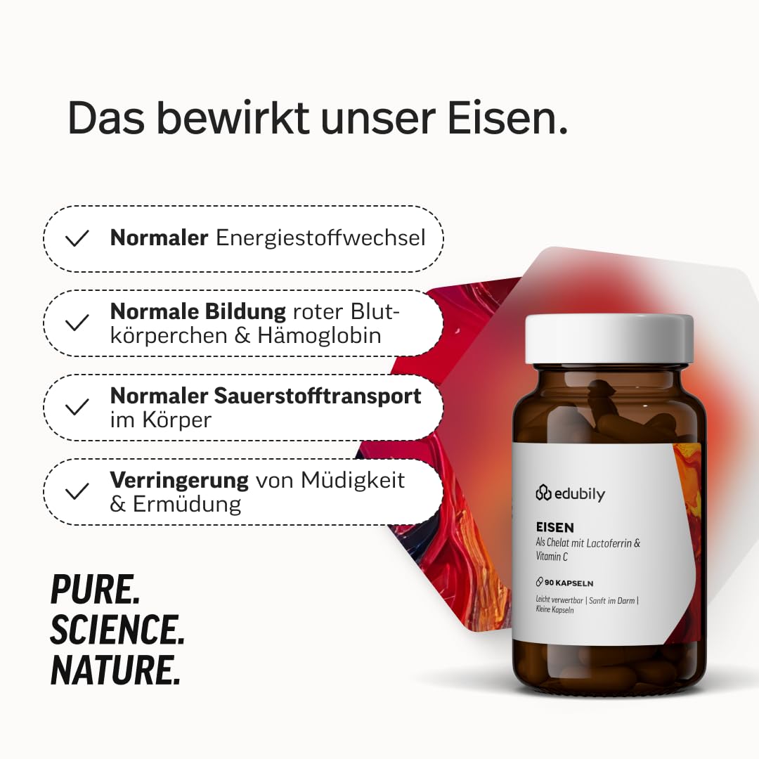 edubily® Eisen mit Lactoferrin - Eisentabletten mit Lactoferrin & Vitamin C aus Acerola-Extrakt - Kleine, leicht zu schluckende Kapseln (90 Kapseln)