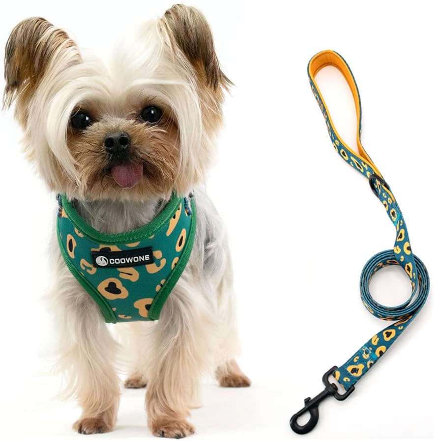 No Pull Dog Harness and Leash Set, Adjustable and Soft Padded Dog Vest Harness for Small Medium Large Dogs (Green Leopard, XS (Neck…