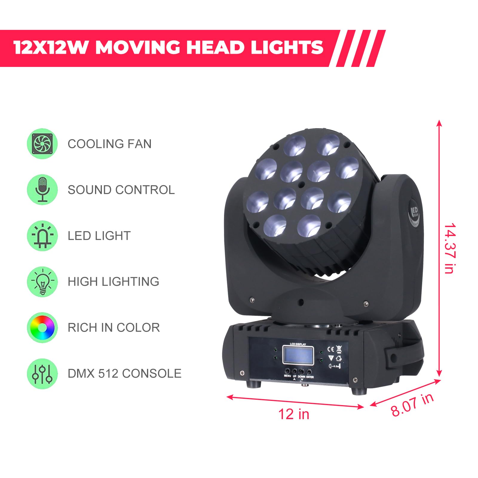 Lot de 2 faisceaux lumineux à tête mobile 12 x 12 W LED RGBW 4 en 1 professionnel DMX 512 effet stroboscopique activé par le son pour DJ, discothèque, karaoké, bar