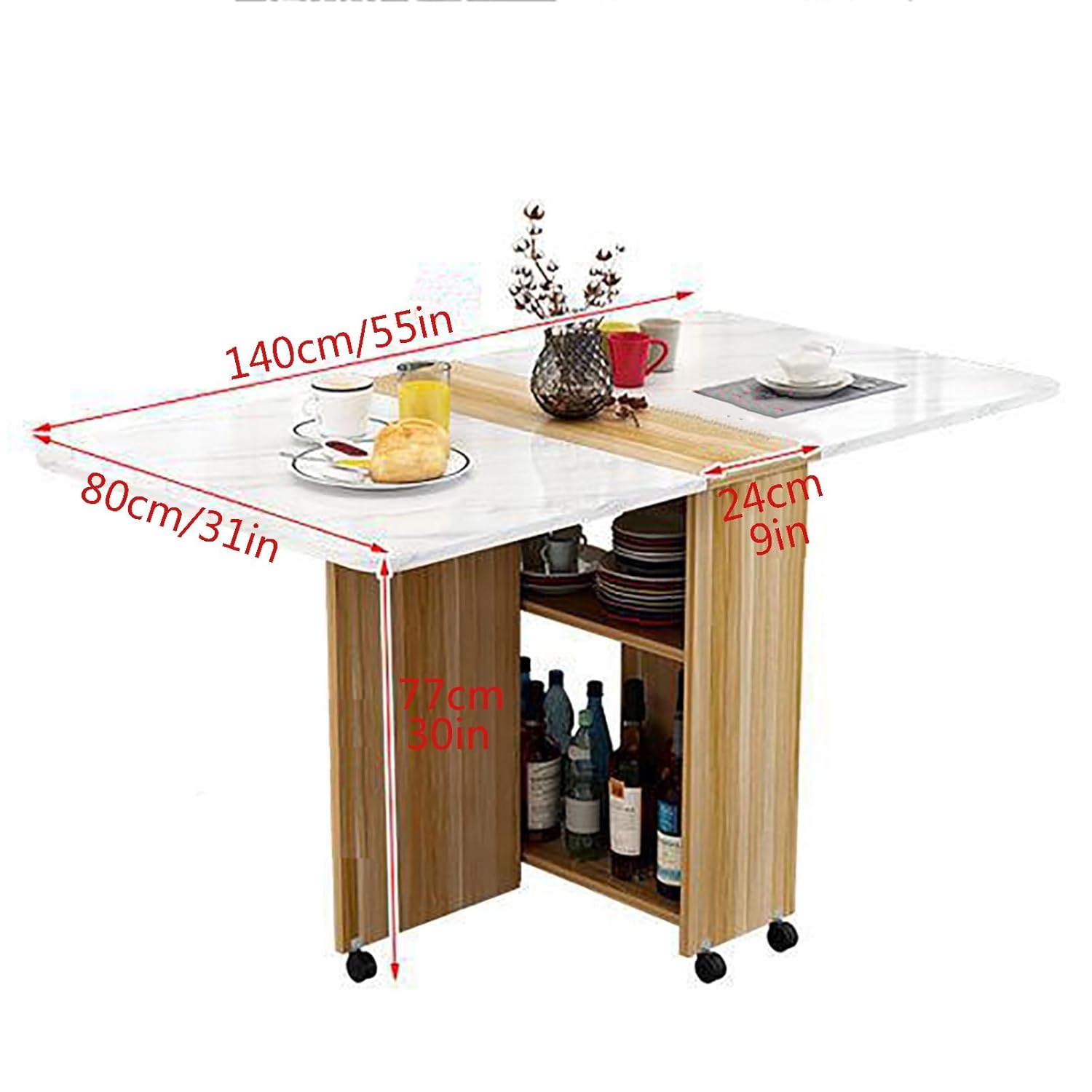 pace Saving Folding Dining Table with 6 Wheels and 2 Open Storage Shelves Foldable Extendable and Versatile for Work Study and Dining Black B Color - Image 3