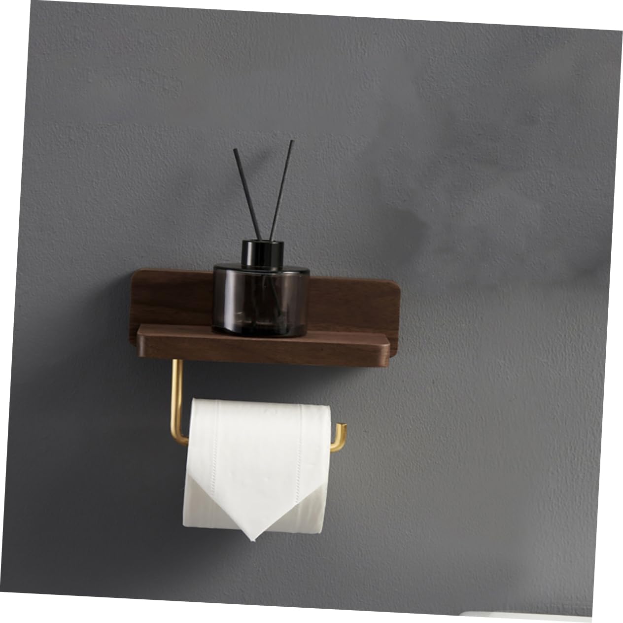 Healifty Solid Wood Toilet Paper Holder Rack Punch Bathroom Tissue Dispenser with Scroll Bar Smooth Rounded Corners Multi Use Shelf for Cell Phones Wet Wipes and Facial Tissues Black Walnut