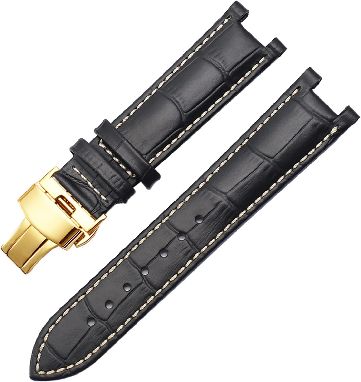 Genuine Leather Watchband for GC 22 * 13mm 20 * 11mm Notched Strap Withstainless Steel Butterfly Buckle Men and Women Watch Belt (Color : Black White Gold, Size : 22-13mm)