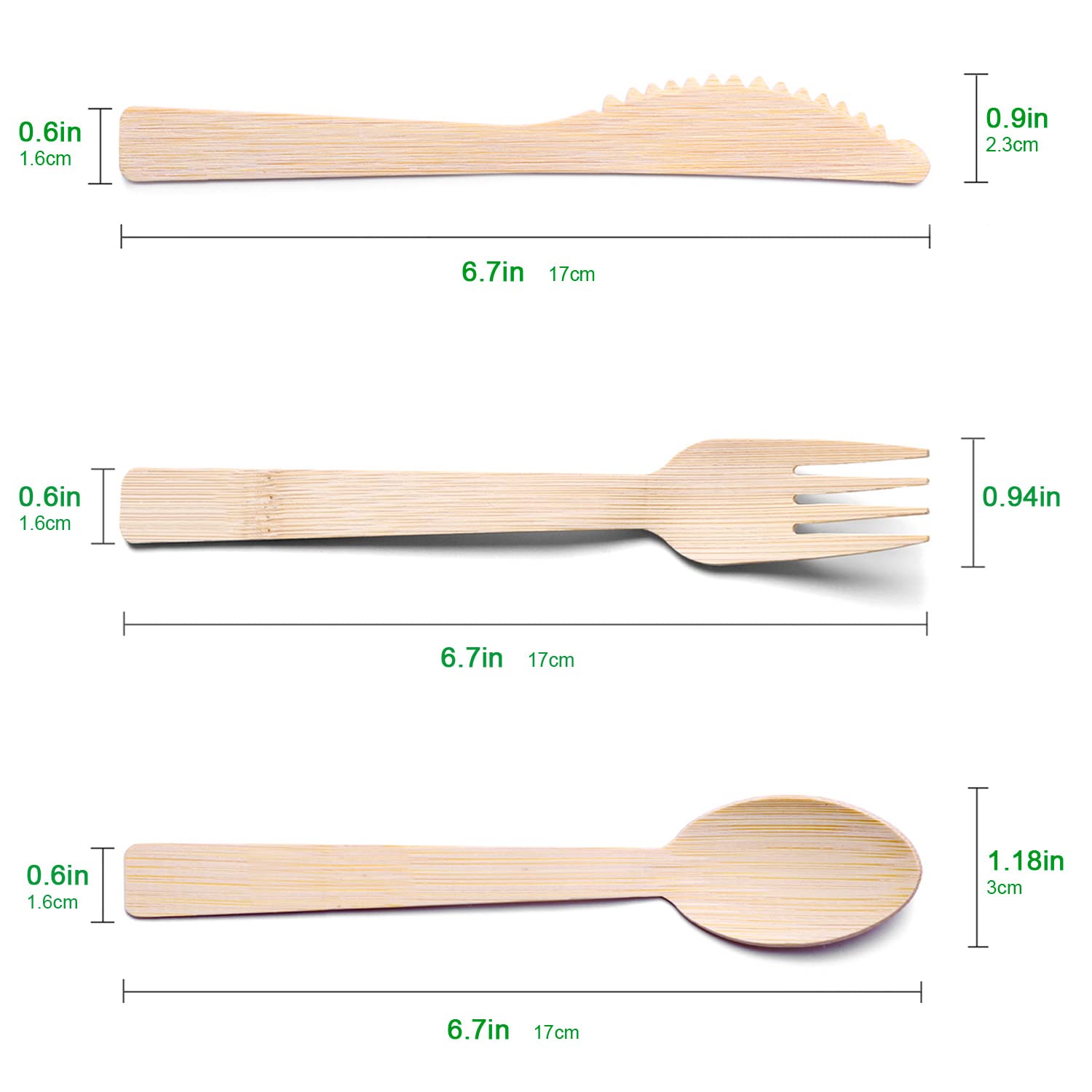 Bambus-Utensilien, 300 Stück (100 Gabeln, 100 Löffel, 100 Messer) 17 cm kompostierbare Gabeln, Löffel, Messer, Einweg-Bambus-Besteck-Set, biologisch abbaubar, Besteck, erneuerbares Utensil