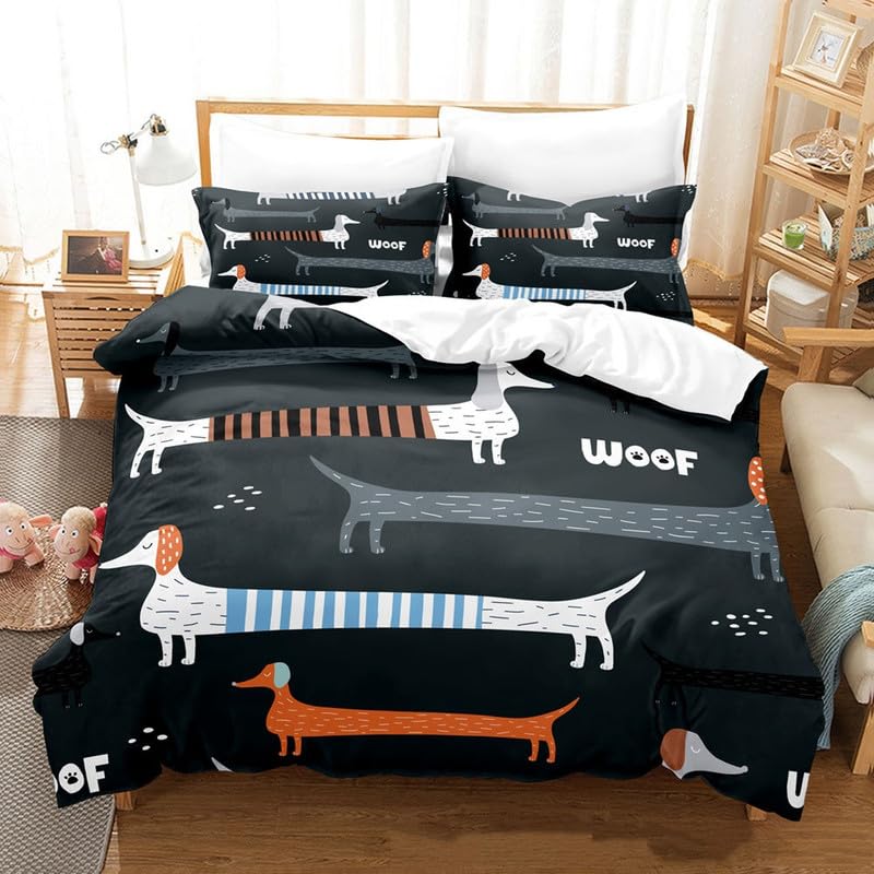 Parure de lit teckel 140x190 cm avec housse de couette imprimée en 3D et taies d'oreiller pour enfant