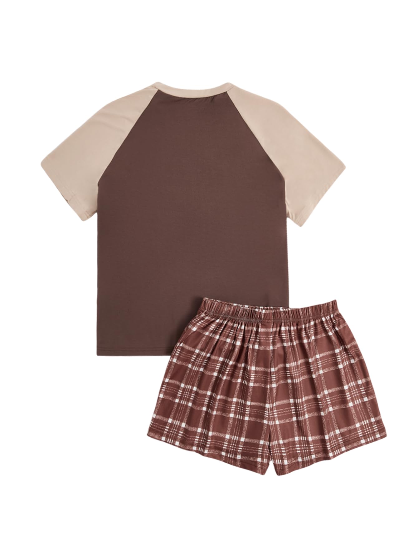 Verdusa Women's 2 Piece Pajama Sets Summer Pajamas for Women Set Plaid Pj Set Tee and Sleepwear Lounge Sets: Medium Brown Beige