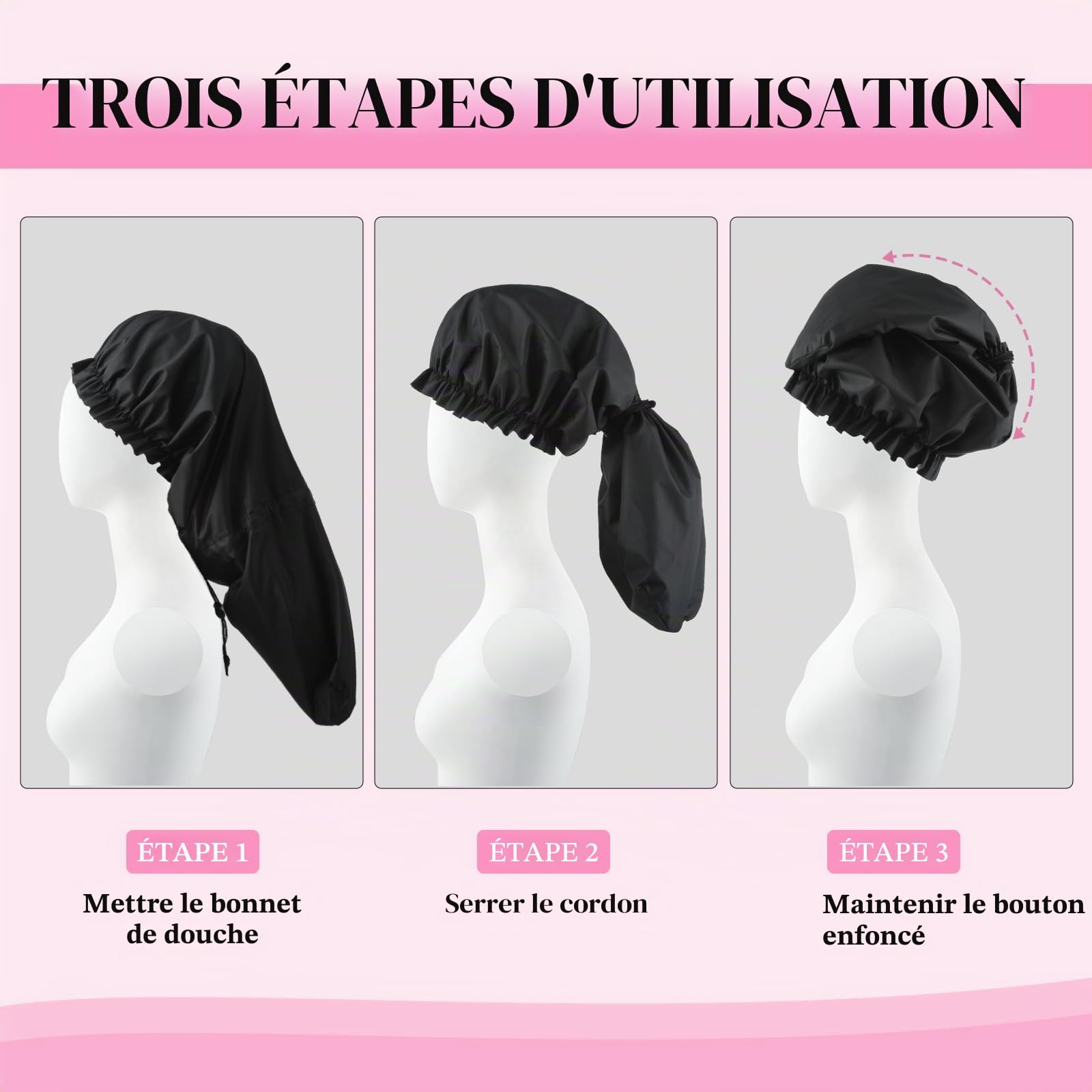Lot de 2 grands bonnets de douche pour tresses, bonnet de douche extra long pour cheveux longs et dreadlocks pour femmes et hommes (noir, gris)