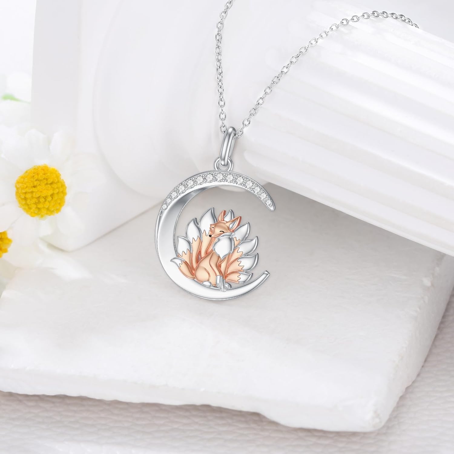 Diamond Fox Necklace 925 Sterling Silver Nine-Tailed Fox Moon Pendant Necklace with Lab Grown Diamond Dainty Jewelry Gifts for Women - Image 3