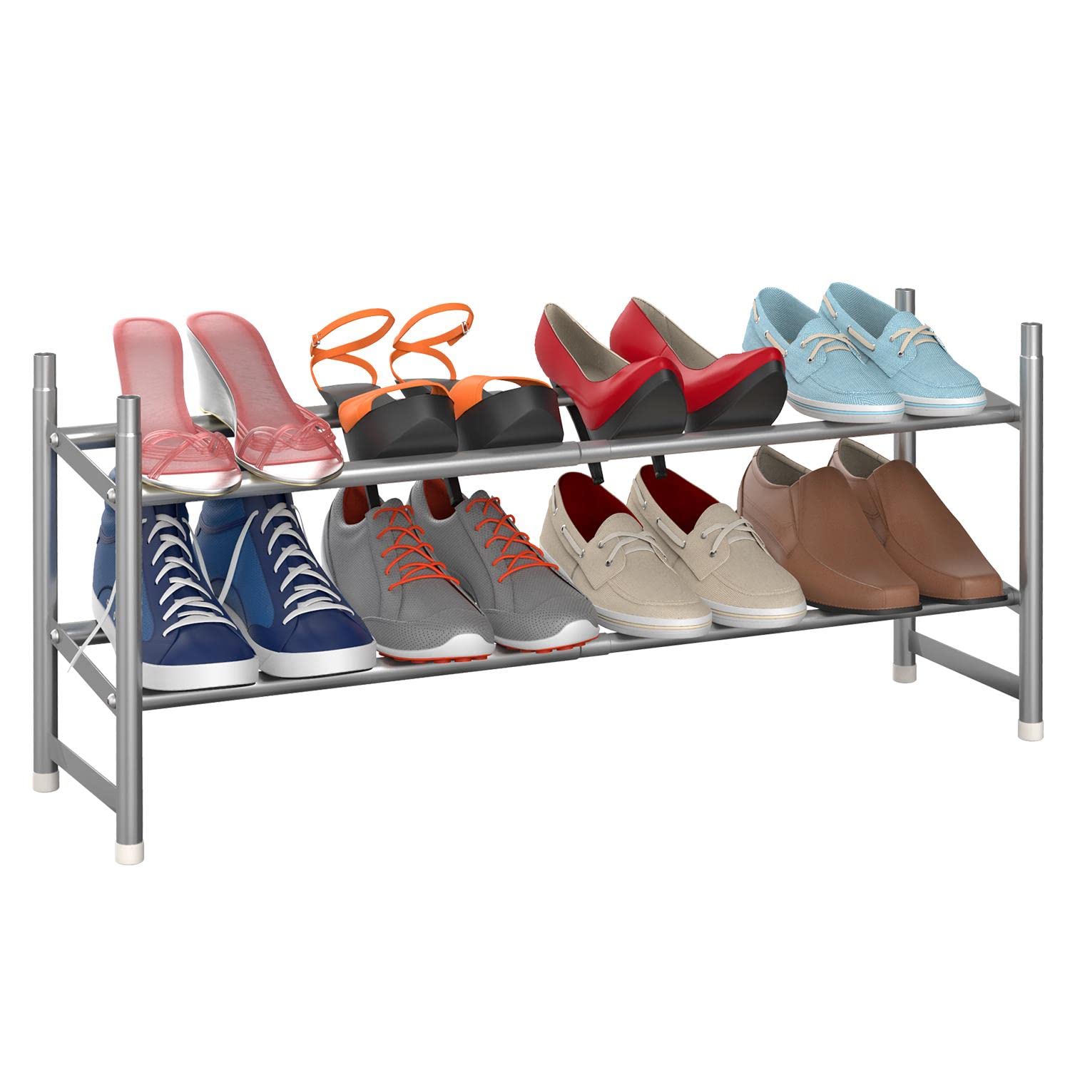 Vinsani 2 Tier Minimalist Shoe Rack Extendable Adjustable Metal Organiser Open Storage Stand Holds 8 Pairs of Shoes Heavy Duty Storage Unit Easy Assembly – Grey