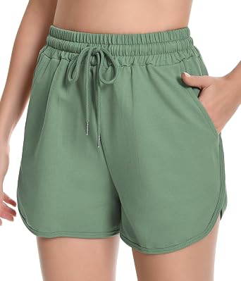 Womens Casual Sweat Shorts Curvy Hem Summer Cotton Lounge Shorts Drawstring Jersey Athletic Workout Shorts with Pockets