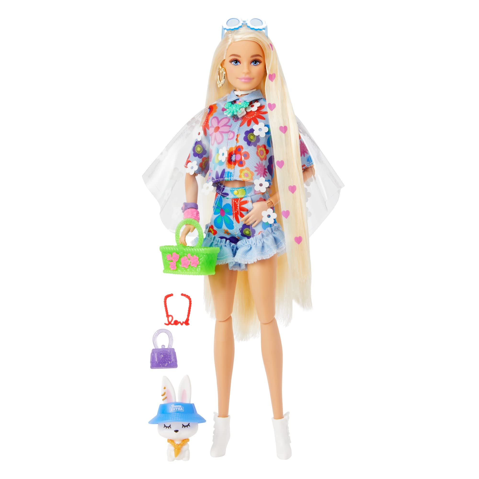 Barbie Extra Muñeca Rubia articulada con Conjunto Flower Power, Accesorios de Moda y Mascota de Juguete (Mattel HDJ45)
