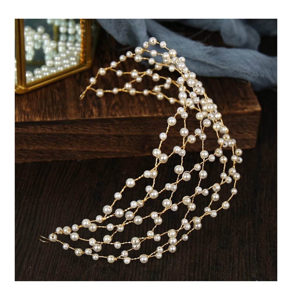Yurosiay Diadema nupcial con cuentas doradas de malla para el pelo, vintage, elegante, diademas de boda, diadema ancha para novia, perlas para el pelo, perlas nupciales para mujeres y niñas