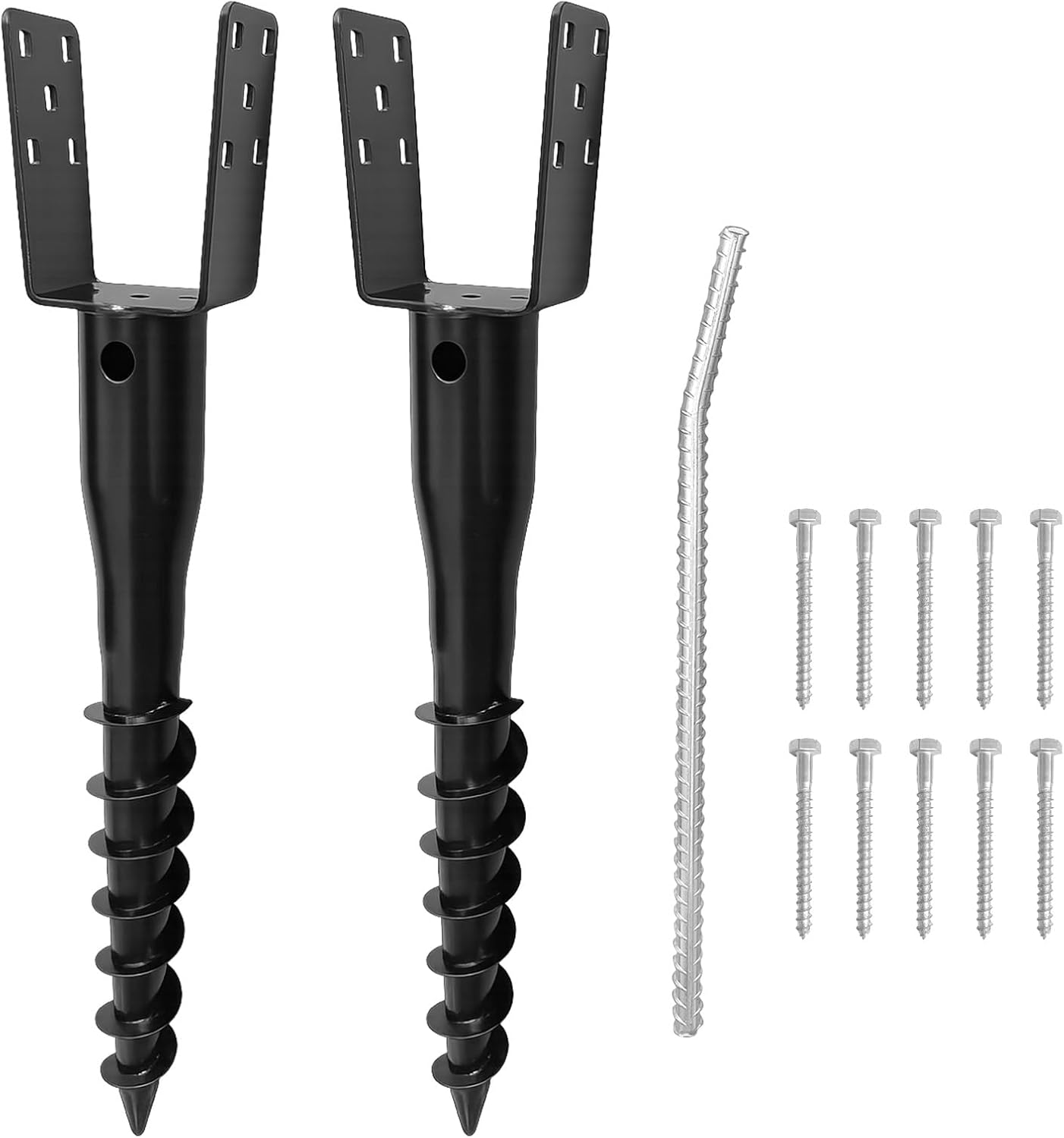 No Dig Ground Screw Anchor, U Shaped Post Stake for 4x4 Wood Posts, Includes Lag Bolts & 27" Rebar, for Fence Posts Anchor Mailbox Posts (2pcs)