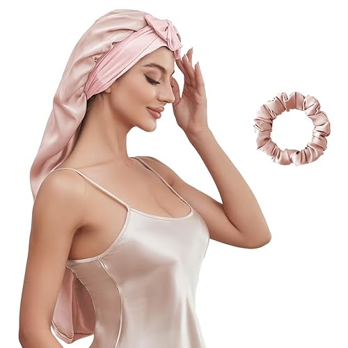 Gorro largo de seda para dormir, gorro de satén con banda de corbata, gorros jumbo para mujer, trenzas largas y rizadas, gorro de ducha (rosa)