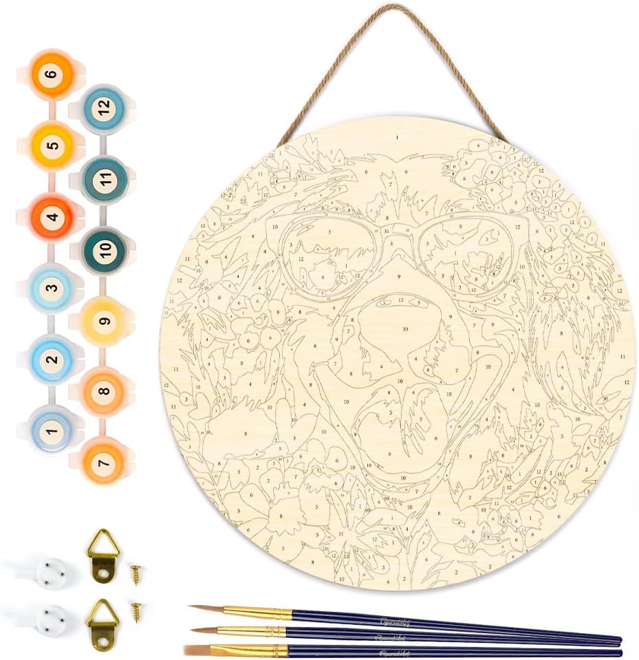 Figured'Art Paint by Numbers Kit for Adults on Wood Slice, 11.8in Diameter - Fantasy Dog and Flowers - Craft Art Painting DIY Canvas