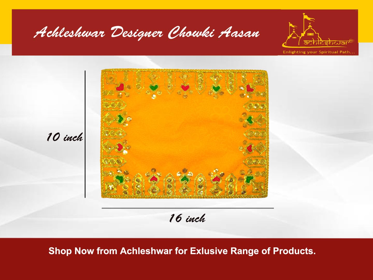 Achleshwar Designer Velvet Embroidered Pooja Aasan Cloth 10x16 inch Yellow | Chowki Aasan for God Idol | Mandir Table Altar Cover for Temple, Puja Shelf, Diwali Decoration Pack 0f 2 1