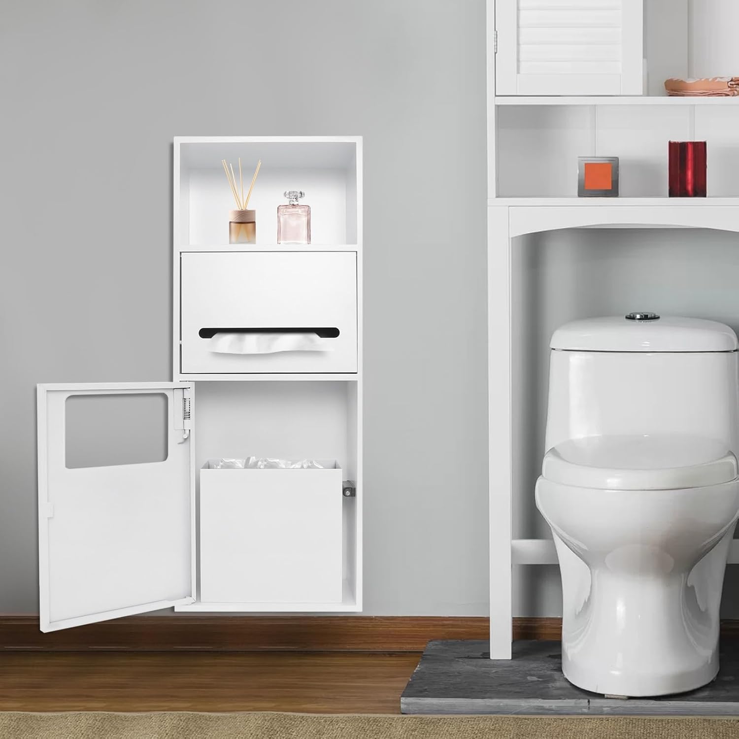 White Recessed Toilet Paper Holder, Shower Niche 304 Stainless Steel Bathroom Trash Can Holder Cabinets, Wall-Inserted Niche Recessed Large Capacity 44Lbs for Bathroom Storage(11.02 x 5.31 x 27.56 in)