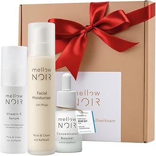 Höhle der Löwen Gesichtspflege Set | mellow NOIR | Hyaluronserum, Tagescreme, Vitamin C Serum | Anti Falten Gesichtspflege | Feuchtigkeitsspendend | Anti-Aging | Vegan | zertifizierte Naturkosmetik