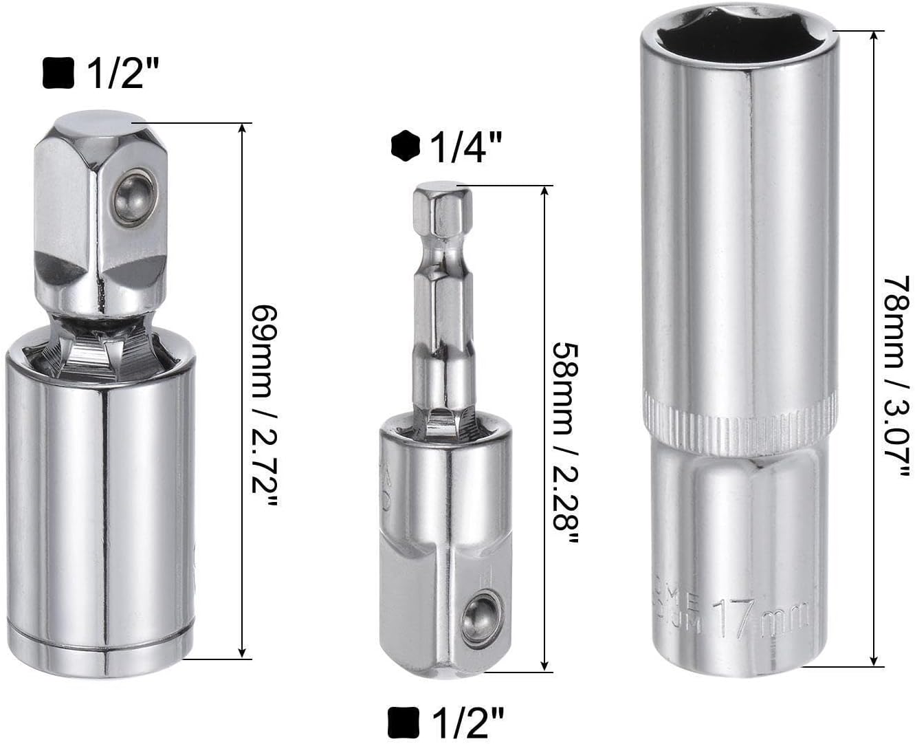 Toolparts And Accessories 1/2" Drive 17mm Deep Socket Swivel Joints Hex Shank Impact Driver Adaptor Set (#CN#130824-01504)