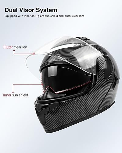 Miniatura 3 de Casco modular de motocicleta de fibra de carbono, de cara completa, abatible, doble visera, parasol aprobado por DOT, ATV Street Racing Dirt Bike