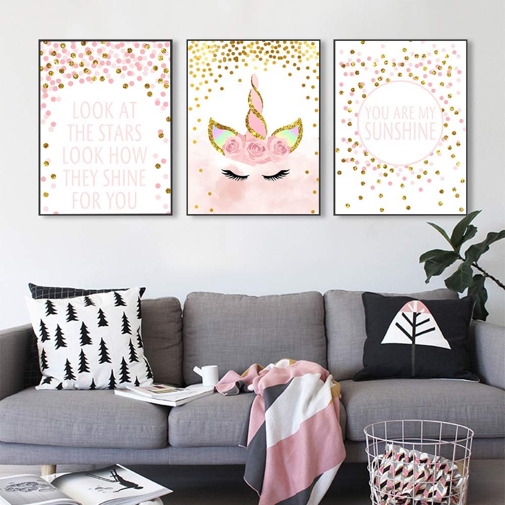 Unicorn Wall Posters,Unicorn Art Print Set of 3 (8"x11.8") Birthday Festival for Boys Girls Kids Bedroom Decor Nursery Room Home Decor No Frame (Unicorn-A)