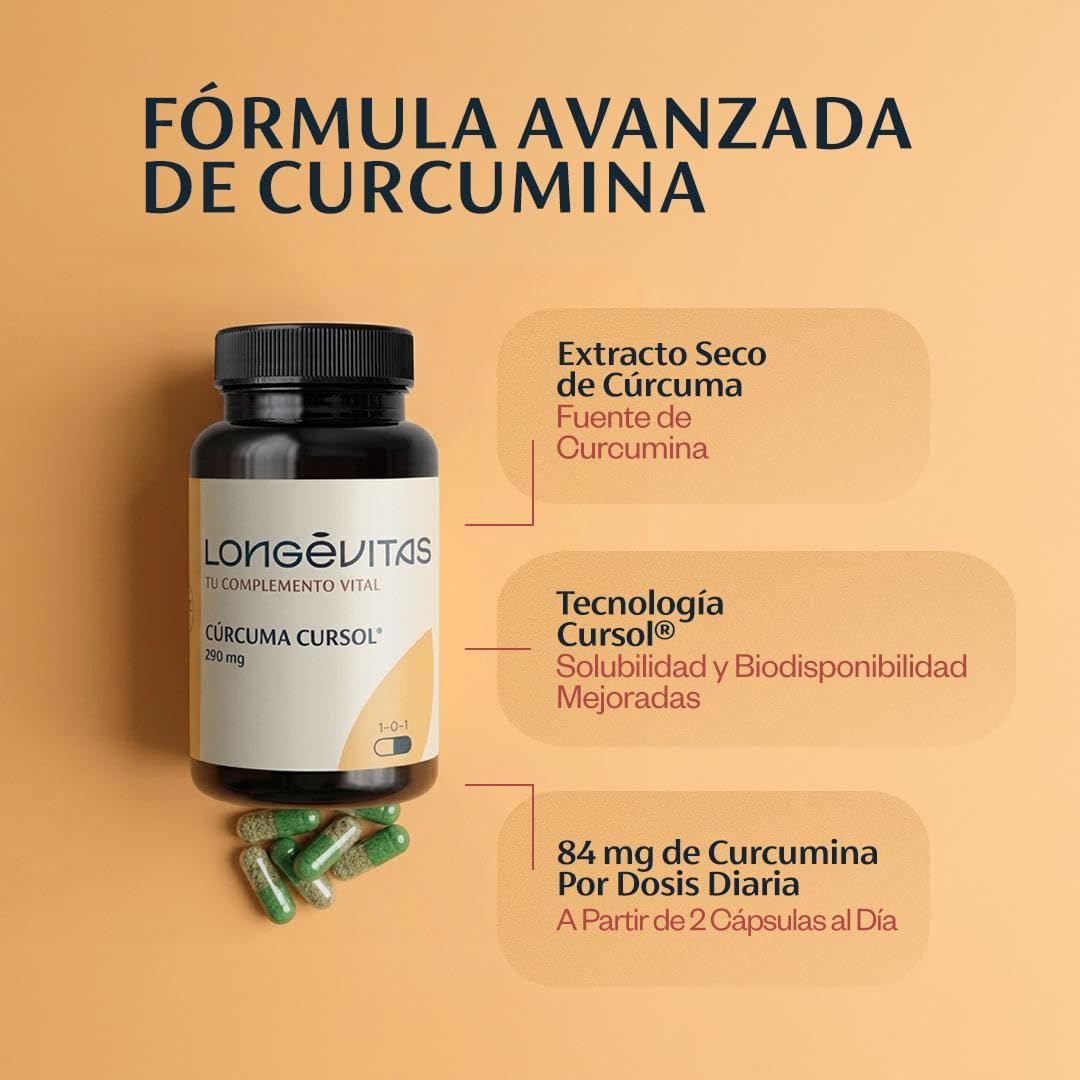 Cúrcuma Cursol 290 mg - Curcumina Alta Absorción - Cúrcuma Cápsulas Alta Biodisponibilidad - Apoyo Bienestar y Digestión - 60 Cápsulas