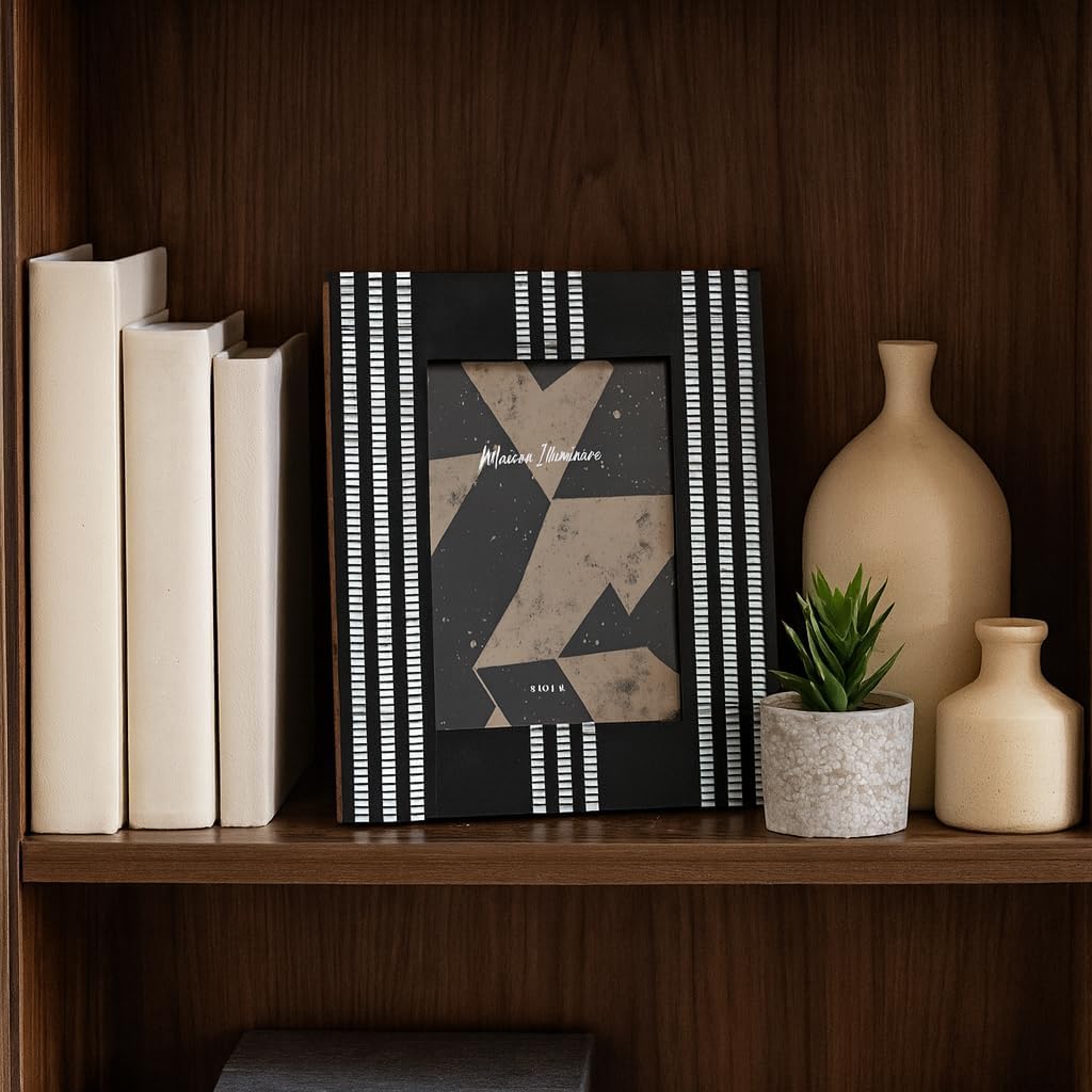 Picture Frame for Tabletop – Photo Frame with Striped Design Perfect for Travel Photos and Entryway Photo Display – Sleek Decorative Frames for Modern Living Room or Bedroom Decor – 10" Black & Ivory