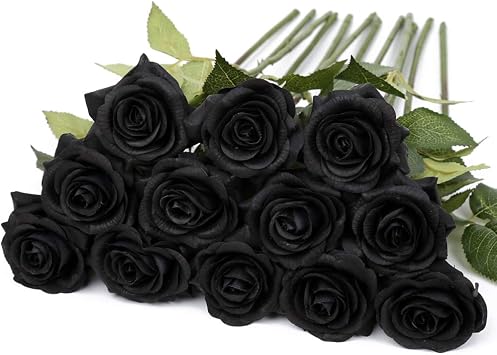 IPOPU 12Pcs Black Real Touch Silk Artificial Roses Fake Floral Decor | Real Touch Silk Rose Petal, Black Faux Roses Flower, for Home Wedding Party Shop Garden Bridal Vase Decoration DIY Craft
