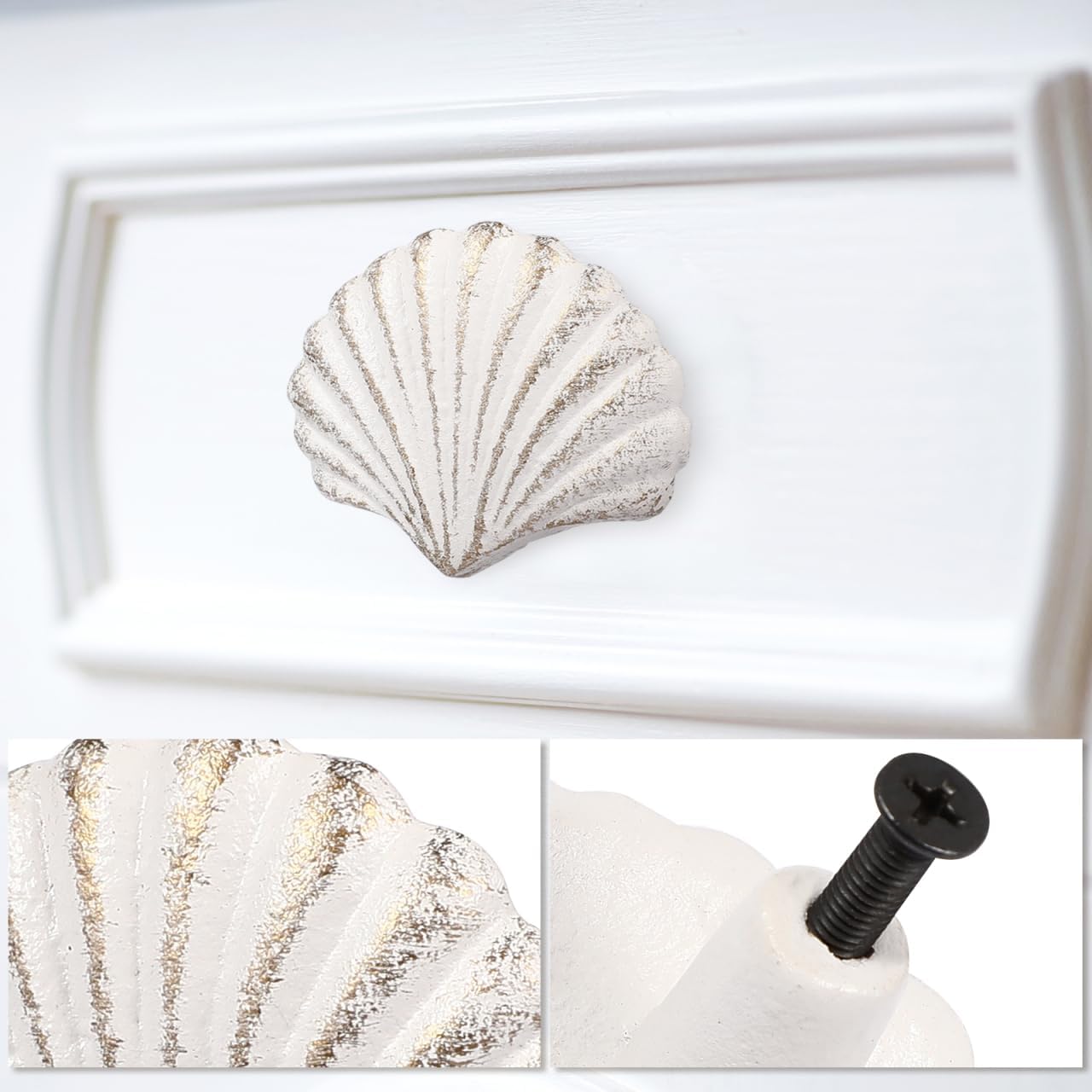 VOSAREA Iron White Seashell Drawer Knobs, 2PCS Nautical Handle for Kitchen Furniture Cabinet Wardrobe Cupboard (6.50X6.50X5.00cm/2.55X2.55X1.97in)