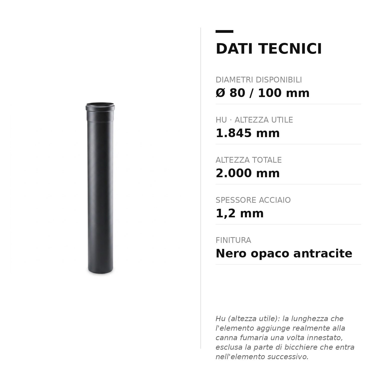 MAKA Tubo 2000 mm Canna Fumaria Pellet Nero Ø 100 mm