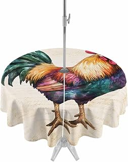 Rooster Outdoor Round Tablecloth with Umbrella Hole and Zipper, 54 inch, Farm Chicken Rustic Animal Waterproof Tablecloth Zippered Tabletop Collection for Picnic Patio Garden