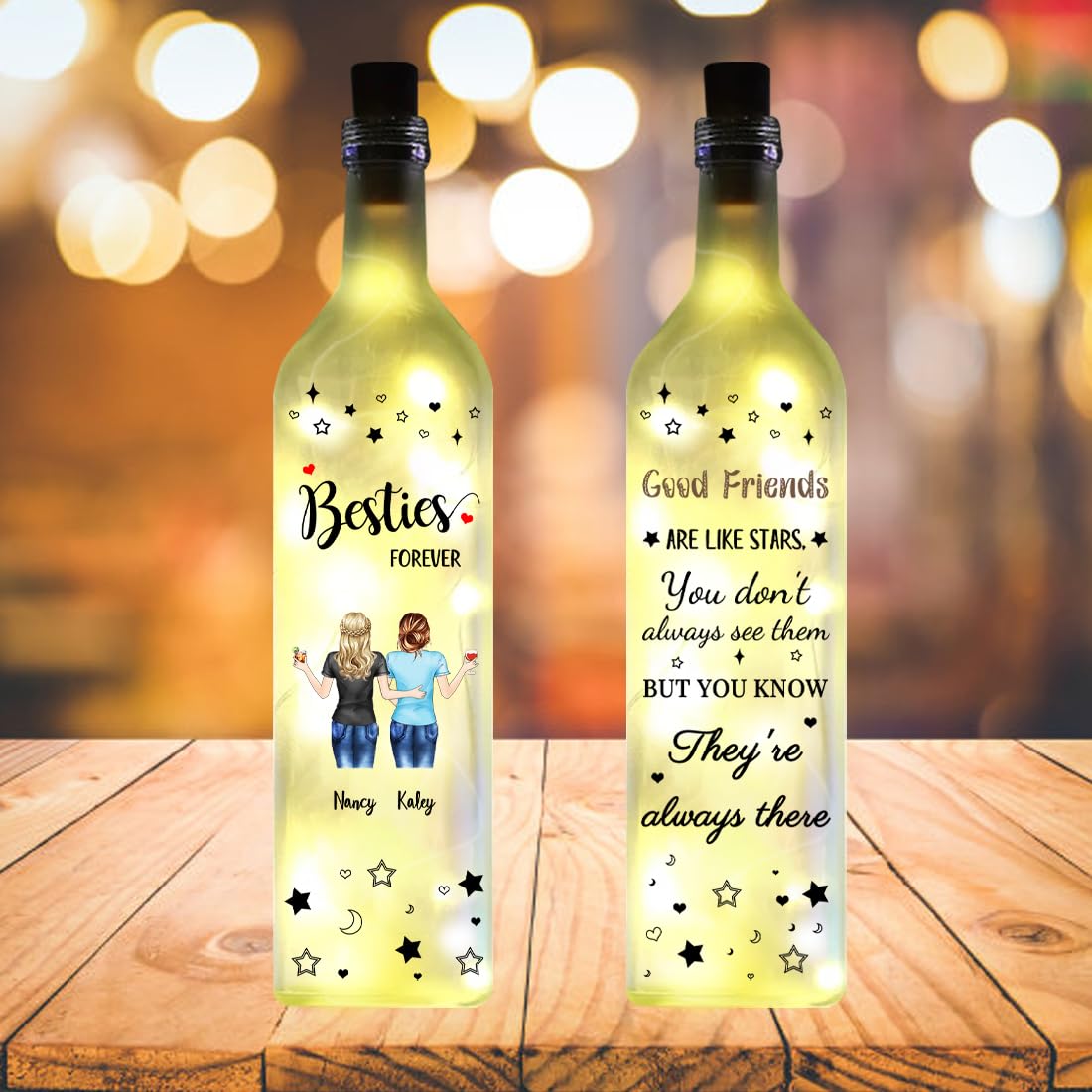 NOONATIVE Besties Forever Bottle Lamp,Personalized Custom Bestie Wireless Bottle Lamp with Portrait & Name,Friendship Gifts for Bestie,Best Friend