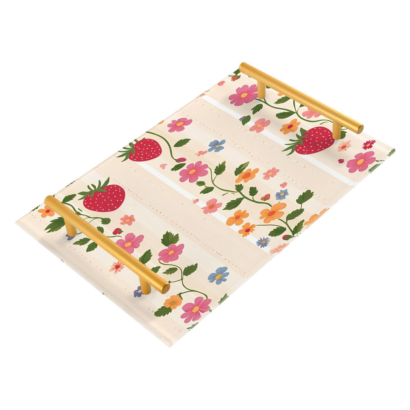 GUIJI Strawberry & Flower Vine Acrylic Tray, Perfume Cosmetic Jewelry Decorative Trays Bathtub Organizer, Living Room Kitchen Serving Tray with Gold Handles