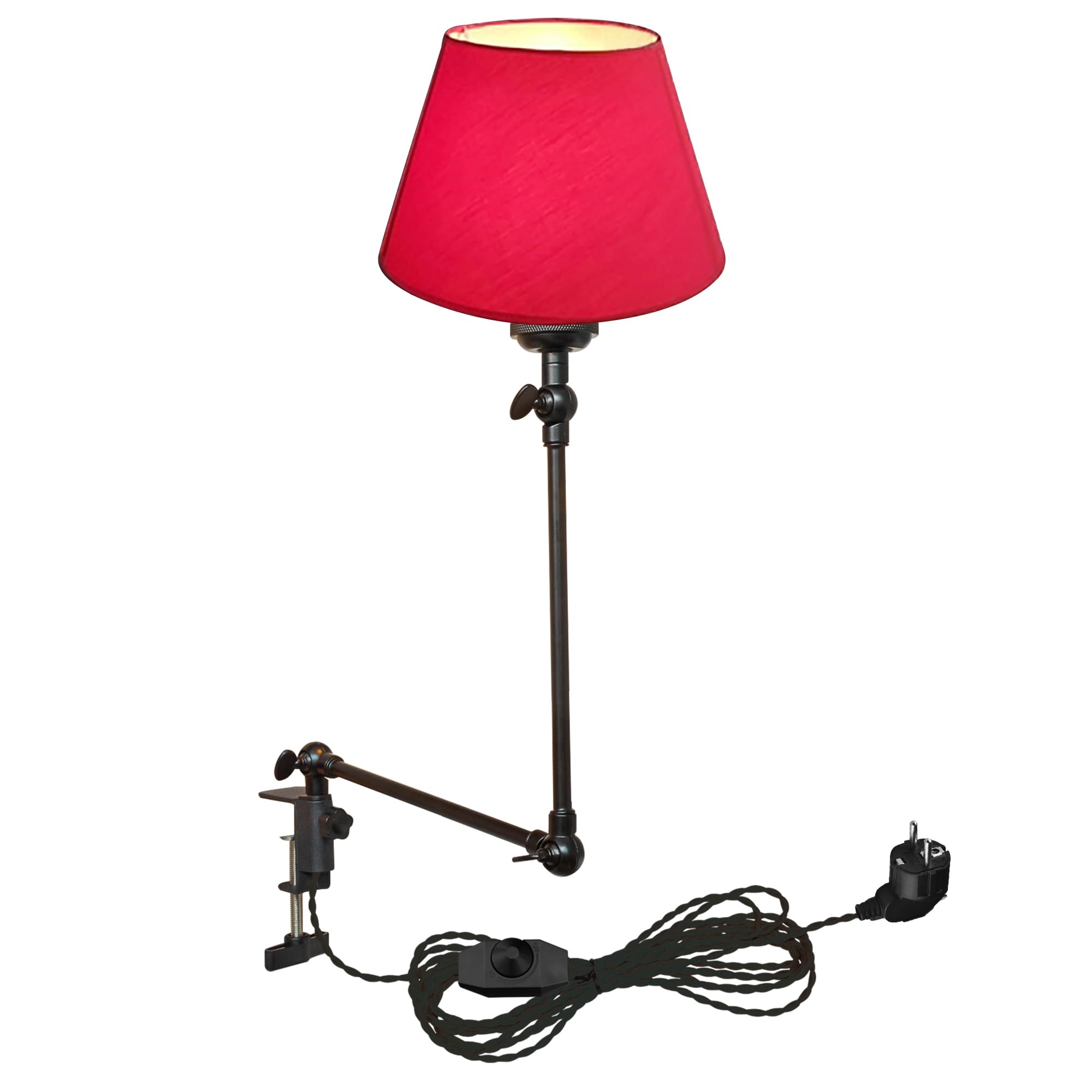 Klemmleuchte Einstellbar, Leselampe mit 2,5 m Kabel und Rot Stoff-Lampenschirm, Dimmbar Nachttischlampe,Augenpflege Schreibtischlampe für Büro Heimgebrauch, E27 Lampenhalterung-TD0641
