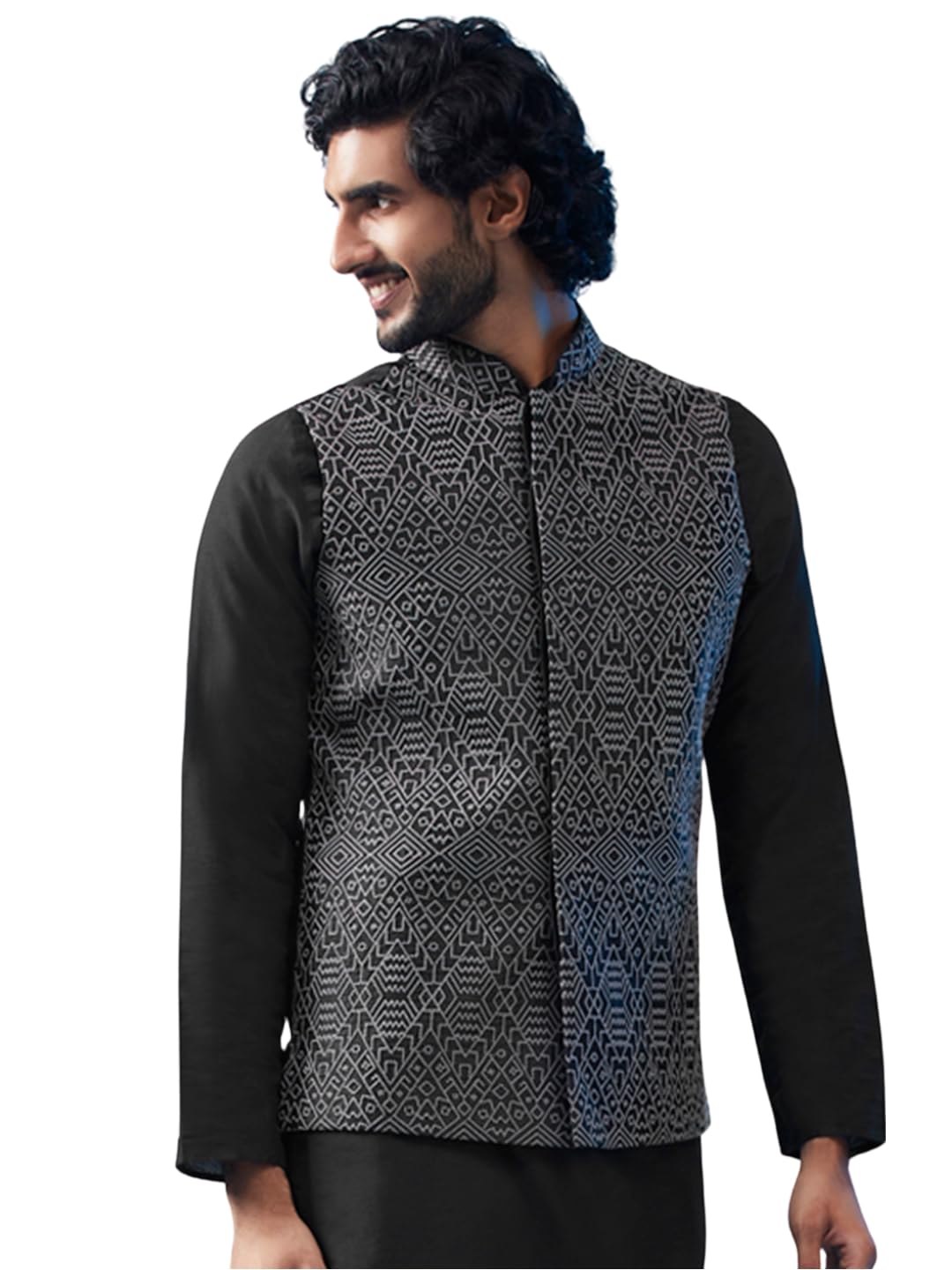 kisah Mens Waistcoat, Nude Cotton Blend, Embellished Regular Fit Mandarin Collar Sleeveless-picture-26