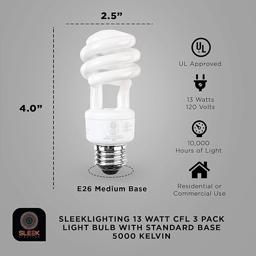 Miniatura 2 de SLEEKLIGHTING Bombilla CFL de 13 vatios con base de tornillo estándar E26, paquete de 3, 5000 Kelvin para luz blanca pura y 800 lúmenes