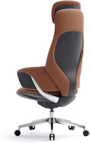 Miniatura 6 de Silla de oficina ejecutiva de cuero genuino con respaldo alto de aluminio base giratoria ergonómica sincronizada, mecanismo reclinable de cuero