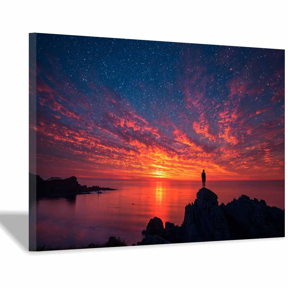 PUQAAEO Wall Art Starry Ocean Sunset For Living Room Canvas Wall Decor For Bedroom Painting Office Decoration Wall Picture Home Decor(Multicolor)-60x90cm Framed