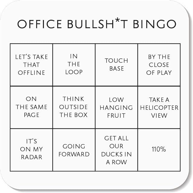 Office Bingo Card Coaster Funny Novelty Gift  Secret Santa and Office Joke Gift for Colleagues  Humourous Drink Coaster with Waterproof Gloss Finish (90 mm x 90 mm)