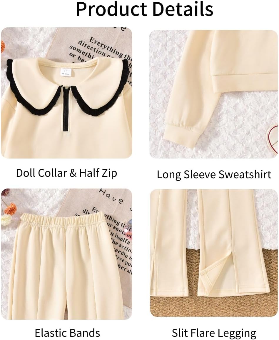 HIHA Girls Doll Collar Half Zip Sweatshirt Flare Pant Set for 6-12 Years