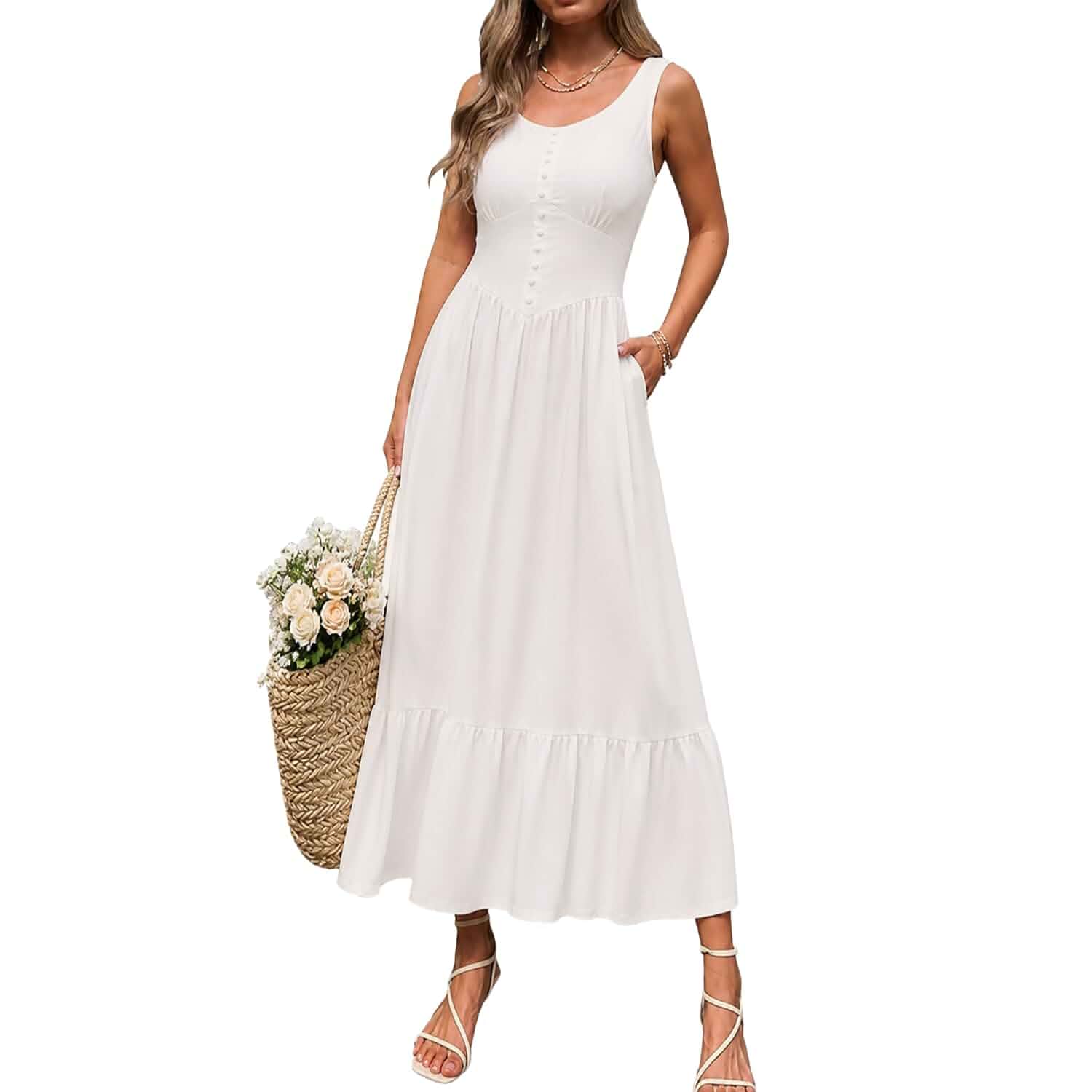 materasu Button-Front Sleeveless MidiDress with Pocket: for Women Comfortable Casual Dress Sleeveless