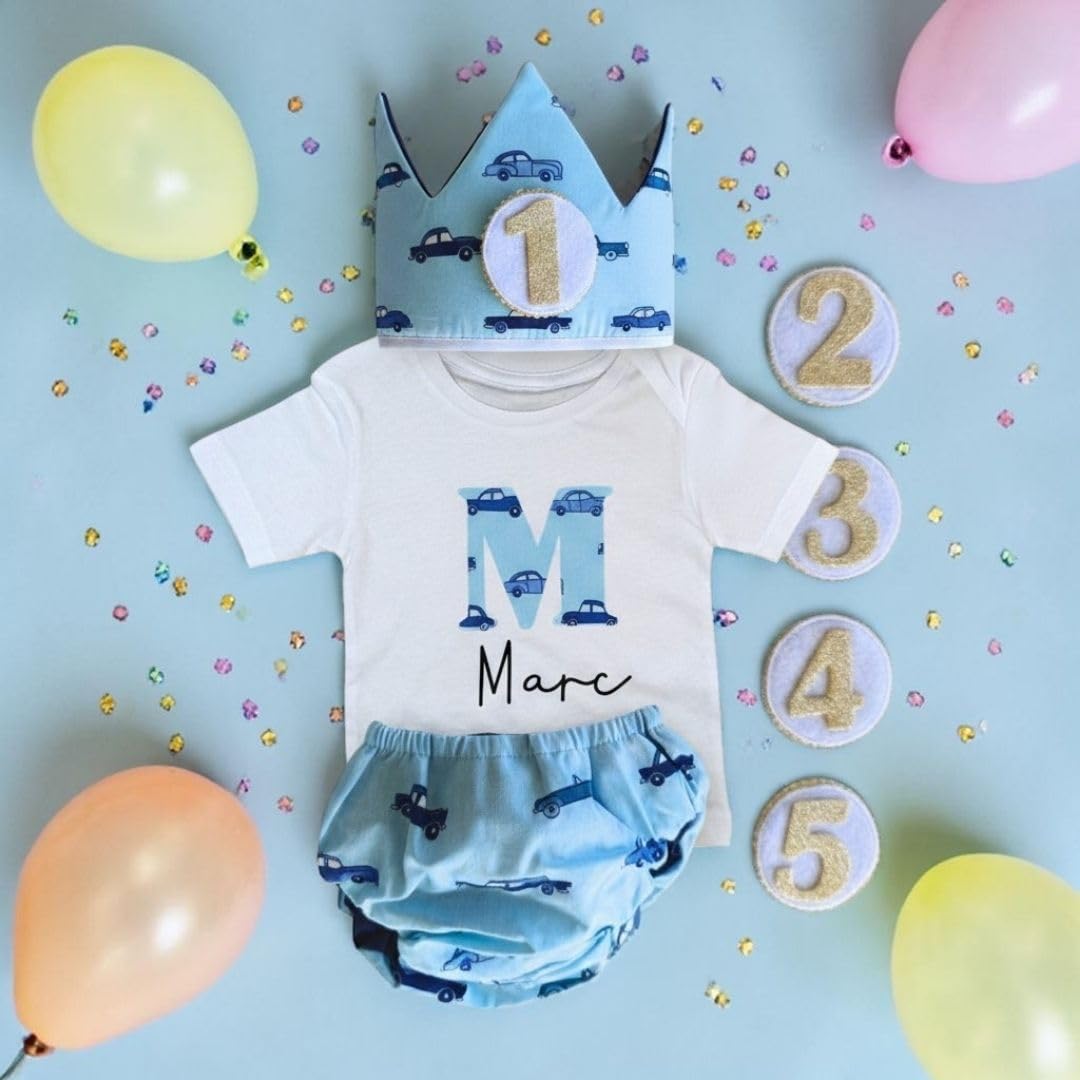 Conjunto Cumpleaños 1 año Personalizado - Camiseta con nombre Bebé - Regalo primer cumpleaños - Smash Cake - Corona cumpleaños (Coches)