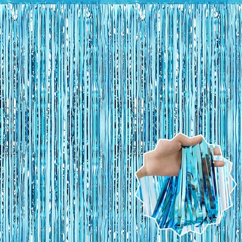 Image of 3 Pack Light Blue Foil Fringe Curtains Backdrop, 3.28 x 9.8 Ft Metallic Streamers Tinsel Curtains Background for Photo Booth, Birthday, Halloween, Christmas, Thanksgiving, New Year Party Decorations