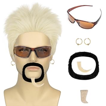 5Pcs Mens Glasses Grey Wig Short Straight Grey Blonde Guy Spiky Halloween Costume Synthetic Wig With Earrings and Beard Goatee