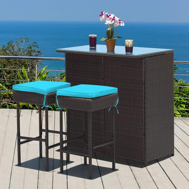 Image of OUTLIVING Patio Rattan Wicker Bar Table with Glass Top and 2 Cushion Stools | Multipurpose 2 Seater Outdoor Bar Set Furniture for Garden, Backyard, Poolside, Home and Lawn (Brown-Turquoise)
