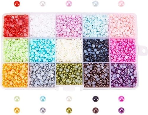 Pandahall - 15 colores/caja de 0.157 in de perlas de media perla de acrílico con parte trasera plana, cabujones de perlas redondas, alrededor de