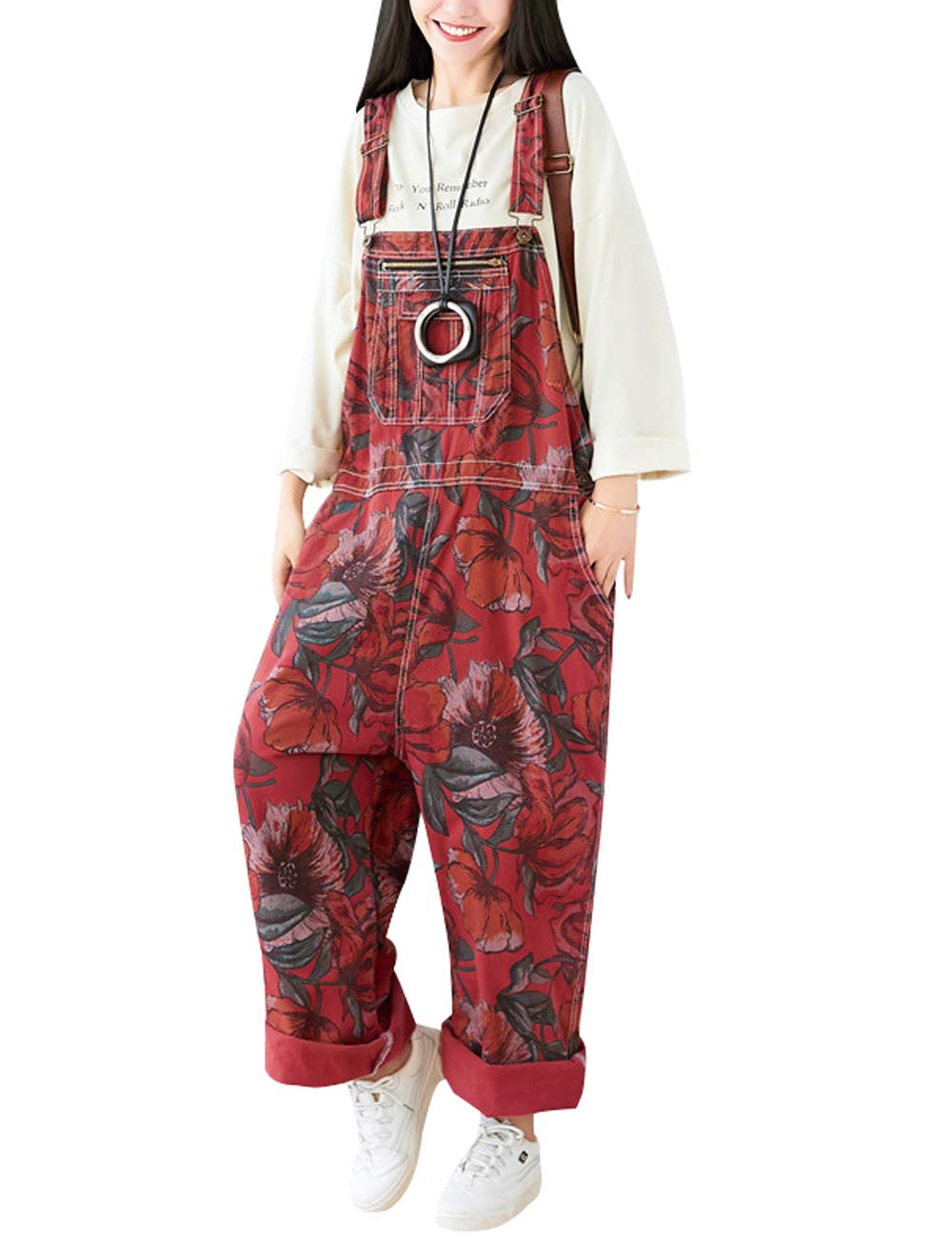 Bigassets Women's Loose Overall Adjustable Strap Denim Playsuit Jumpsuit Dungarees Style 3 Red