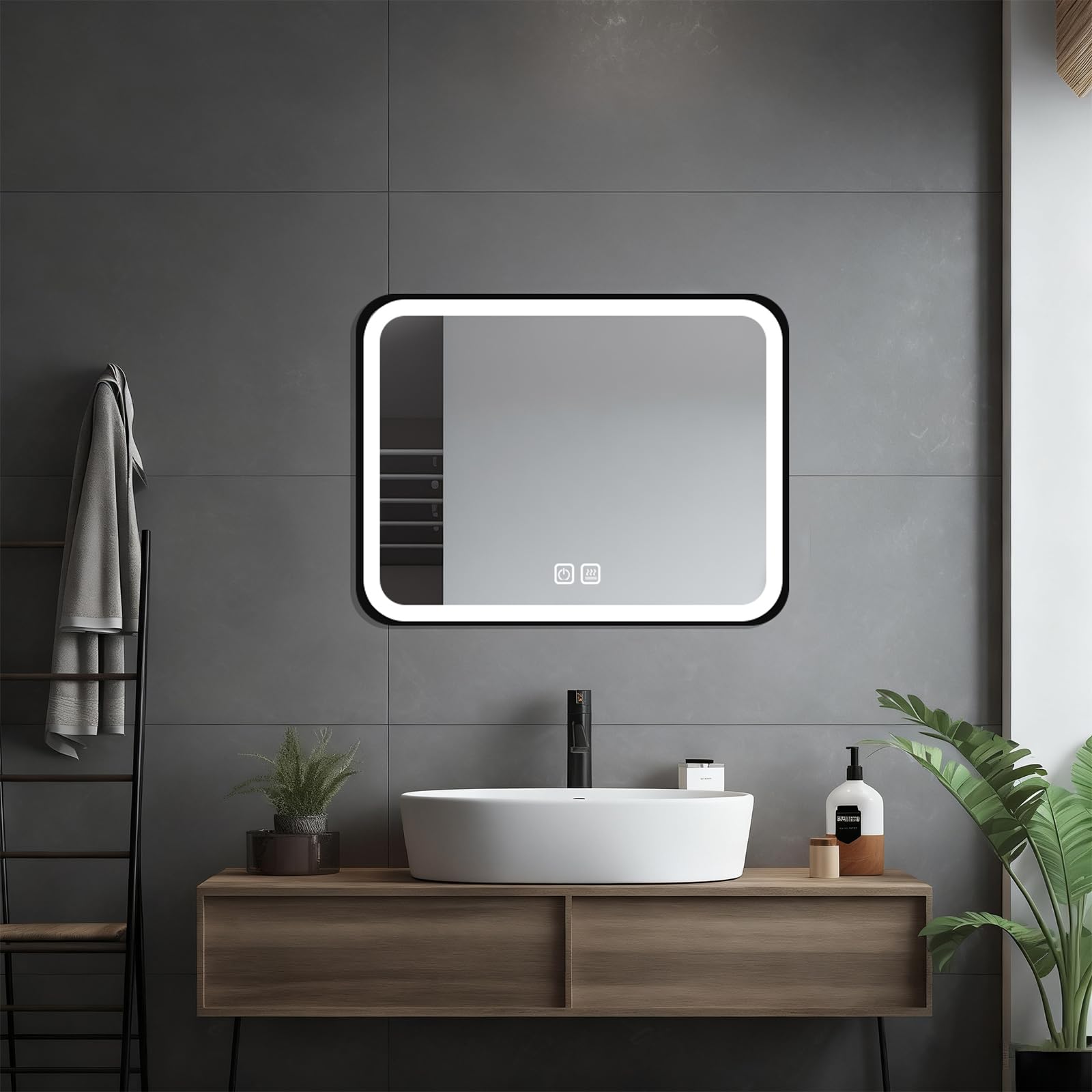 HIGHBATH 40 x 60 cm Large Lighted Vanity Mirror with Dimmable 3 Modes and Demister Pad, LED Makeup Mirror for Bathroom ๏ผ Dressing Room, Tabletop or Wall-Mounted,Horizontal/Vertical, Black