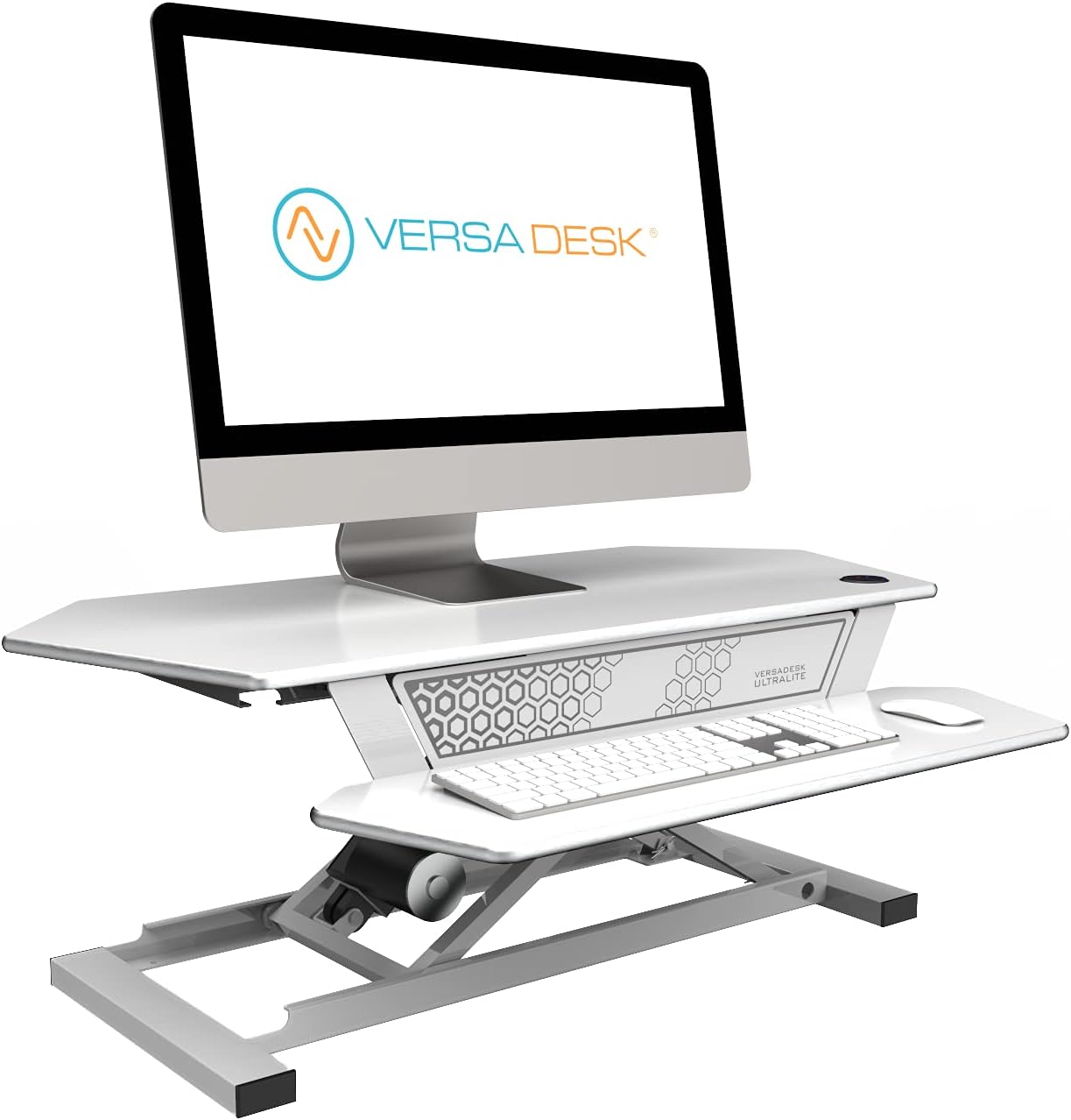 VersaDesk Ultralite Standing Desk Converter | Made in USA | Electric Height-Adjustable Desk Riser | Sit to Stand Desktop with Keyboard + Mouse Tray + USB Port | 36" x 24" - White : Office Products